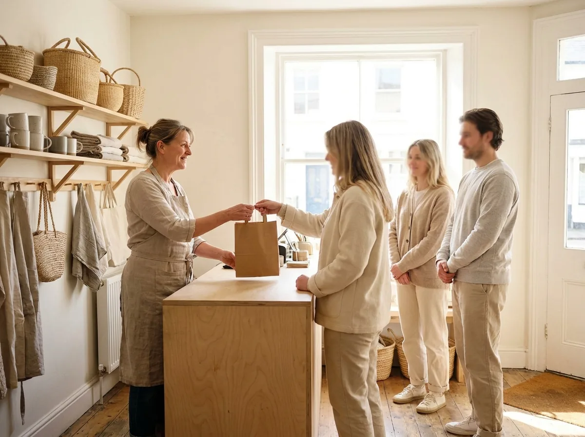 Customers waiting at the counter of a small independent shop