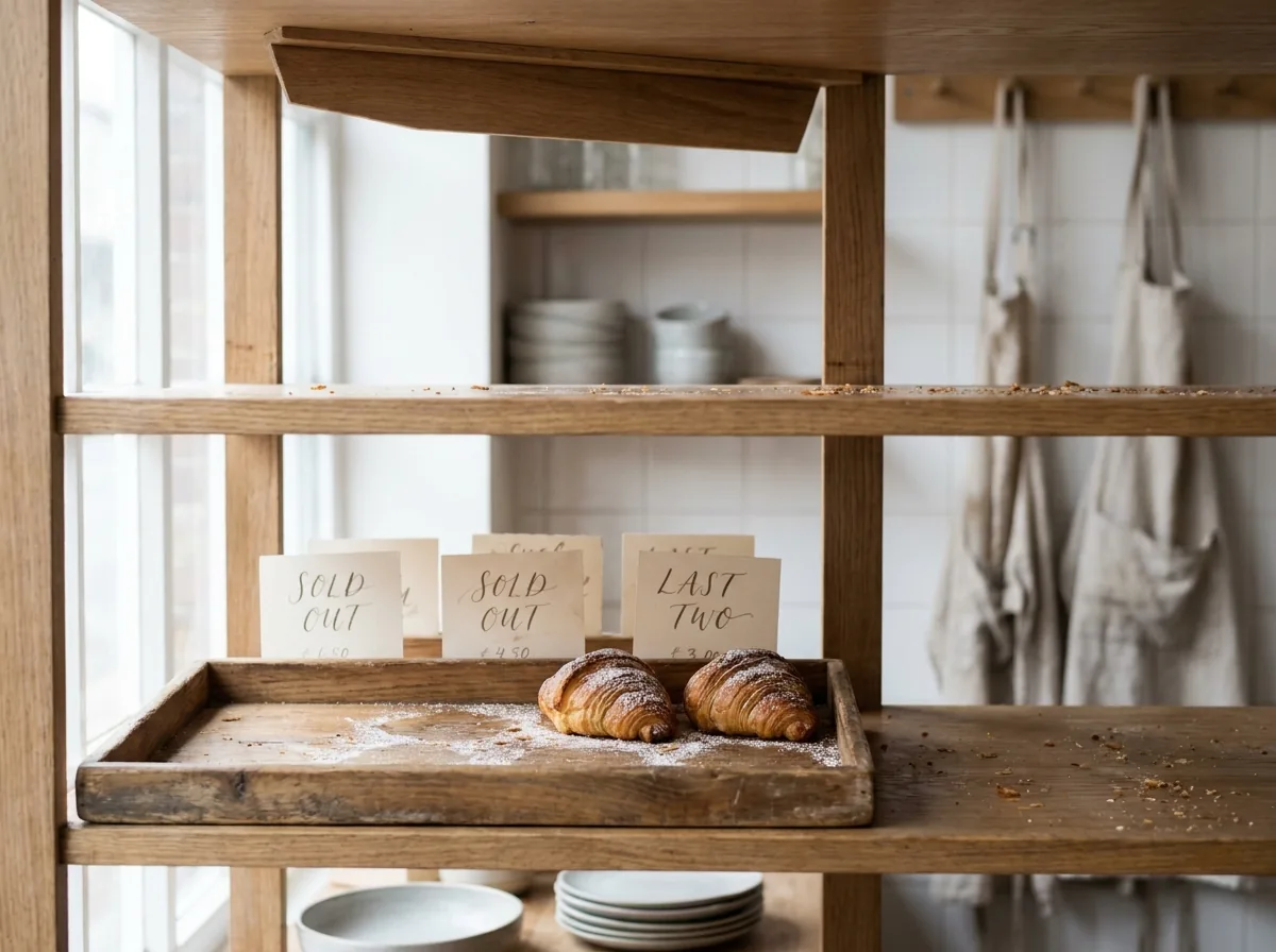 A nearly empty bakery shelf at the end of a busy day