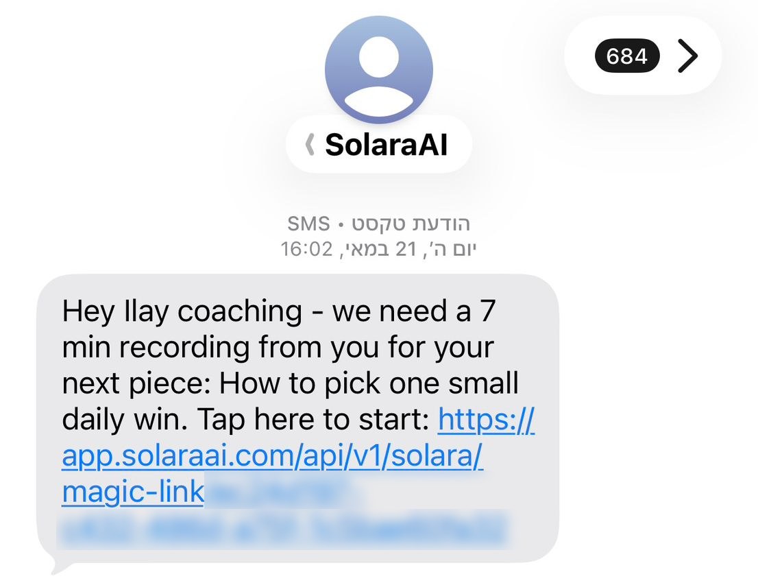 A text message from Solara carrying the script and a link to start recording